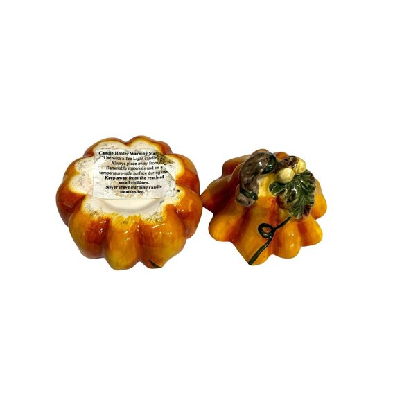 Ceramic Pumpkin-Shaped Tea Light Candle Holder With Lid - Picture 7 of 8